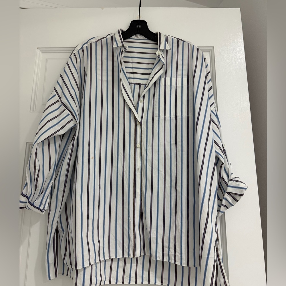 Brunello Cucinelli Blue and White Striped Shirt